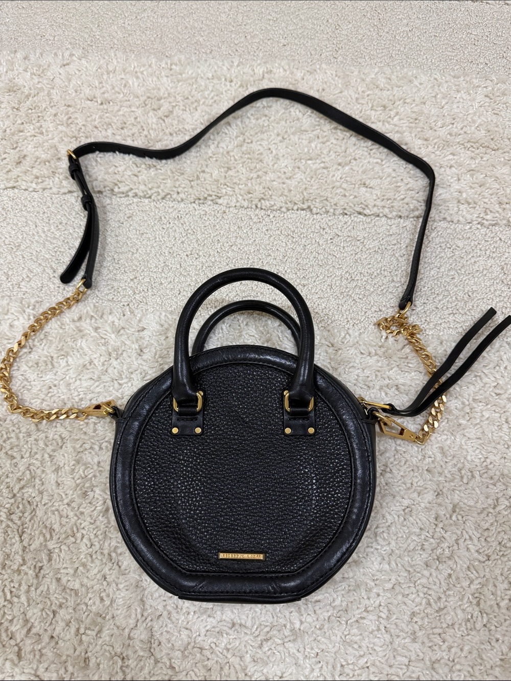 Rebecca Minkoff Black Mini Round Leather Crossbody Bag with Gold Chain